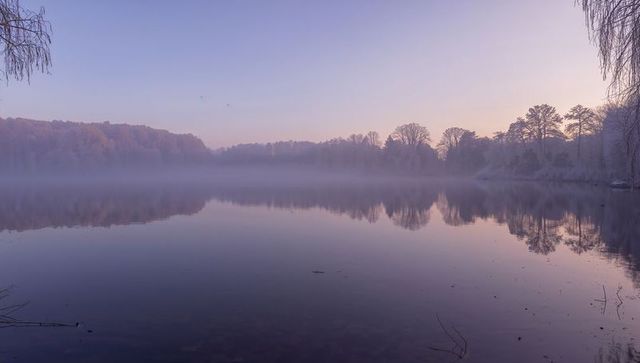 Misty pastel dawn reflecting on calm lake mirroring treeline symmetry at nature reserve