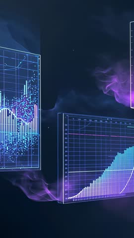 Vertical holographic data visualization video with panning camera and rising bar charts
