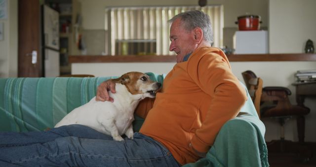 Senior man sitting on a couch, gently petting a small dog, creating a warm and intimate moment. This cozy home scene captures the essence of companionship between a pet and its owner, reflecting relaxation and domestic love. Ideal for use in pet care advertisements, senior lifestyle campaigns, and promotions for home comfort products.