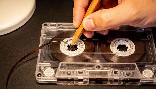 Hand winding clear cassette tape with pencil, vintage analog audio nostalgia close-up