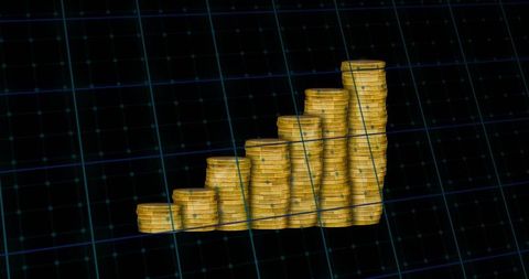 Rising Gold Coin Stacks Forming Bar Chart on Digital Grid Representing Finance Growth
