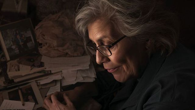 Senior woman sorting heirloom letters and photographs, reflecting by warm lamplight