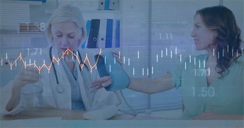 Doctor Checking Patient Blood Pressure with Data Overlay in Clinic