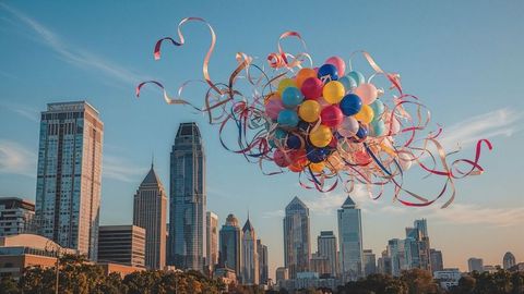 Vibrant balloons drifting over charlotte city skyline at sunset
