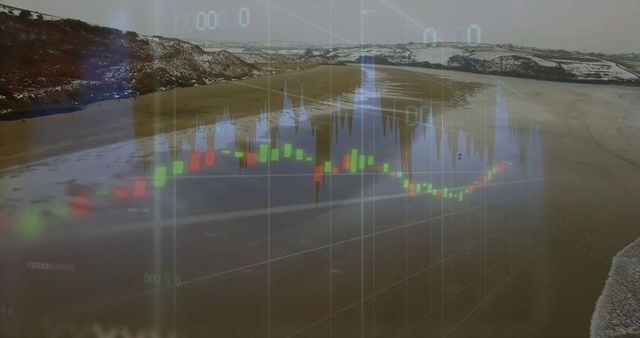 Financial chart overlays sand and snow-capped coastal scene