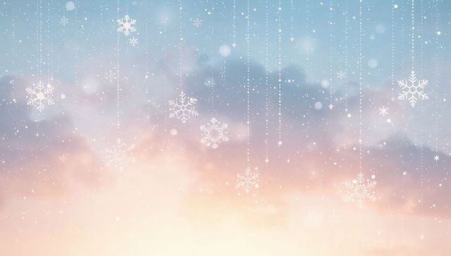 Ornate snowflakes hanging on dotted lines over soft pastel sky with dreamy bokeh lights