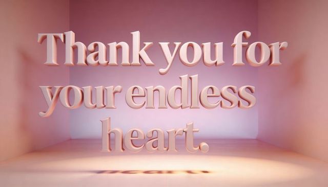 Floating 3d serif text saying thank you for your endless heart in pastel pink lighting