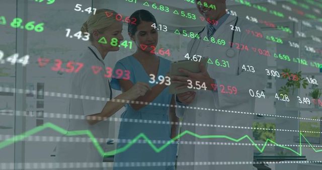 Healthcare professionals reviewing medical data with financial overlays