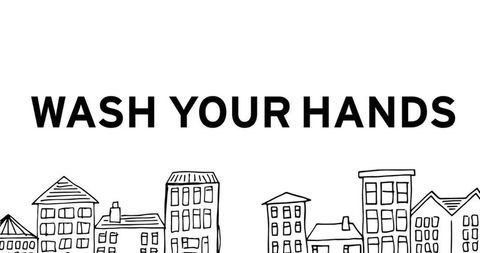 Hygiene awareness urban skyline with wash your hands reminder