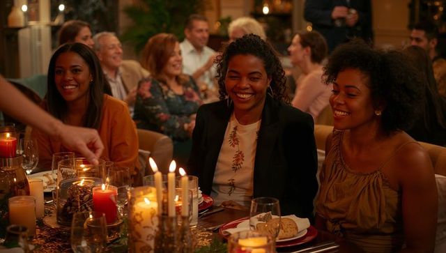 Candlelit Dinner Friends Laughing Around Festive Table with Warm Ambience and Candelabra