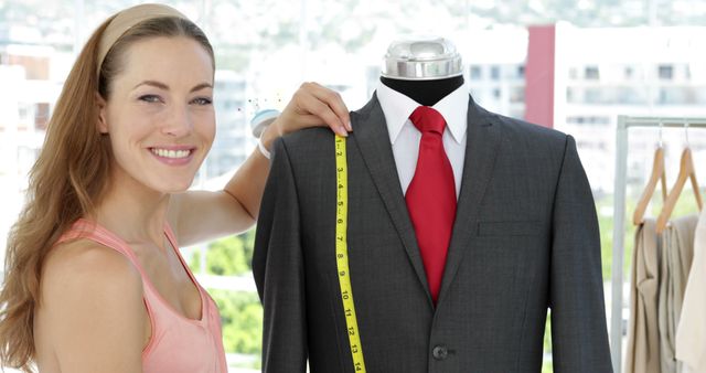 Female tailor smiling and holding measuring tape against gray suit with red tie in bright studio environment. Ideal for promoting custom tailoring services, fashion designing, or clothing business advertising.