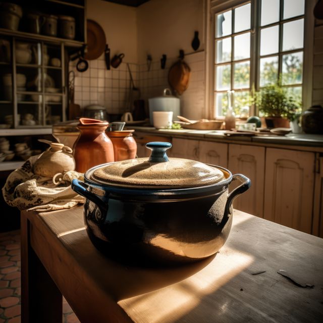 A rustic kitchen setting bathed in warm sunlight. The image captures a cozy home atmosphere with a focus on traditional cookware.