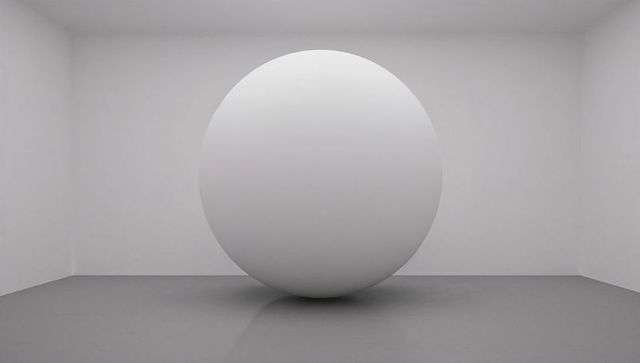 Floating white sphere in minimalist gallery conveying balance and symmetry
