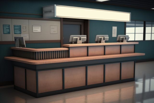 Airport with check-in counter created using generative ai technology. Airport, transport and travel concept digitally generated image.