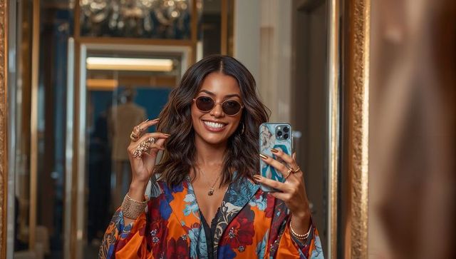 Smiling woman taking selfie in gilded dressing room wearing floral silk robe and sunglasses