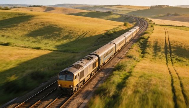 Diesel passenger train cruising along curving tracks through golden rolling fields