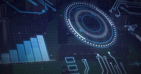 Futuristic HUD Interface with Circular Gauge and Circuit Graphics