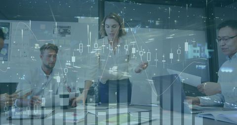 Team Collaborating on Financial Strategy with Digital Analytics Overlay - Download Free Stock Images Pikwizard.com