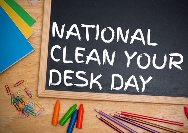 Composition of national clean your desk day text on writing slate with office supplies at table. national clean your desk day, business and self awareness concept.