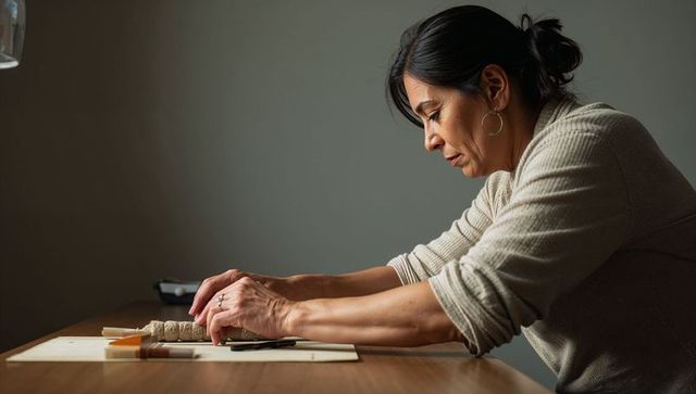 Woman crafting handmade package, cutting twine on wooden table under warm focused light