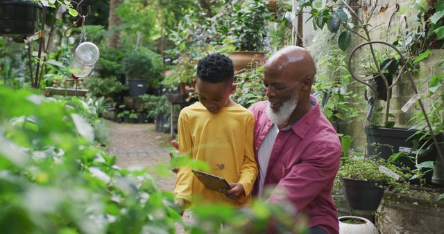 Grandfather and Grandson Enjoying Time in Garden, Surrounded by Greenery - Download Free Stock Images Pikwizard.com