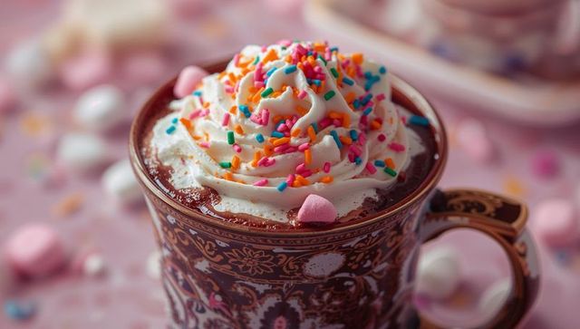 Cozy Hot Cocoa with Whipped Cream and Rainbow Sprinkles