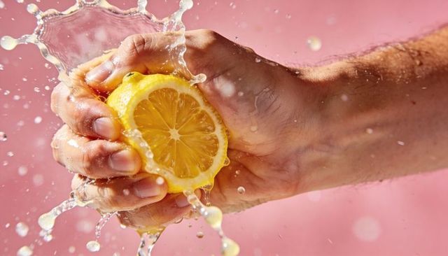 Hand squeezing lemon releasing splashing juice over pink background, closeup citrus action