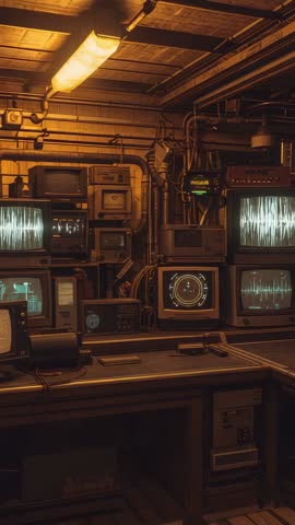 Vertical Video Powering Up Retro Control Room CRT Monitors Displaying Analog Waveforms