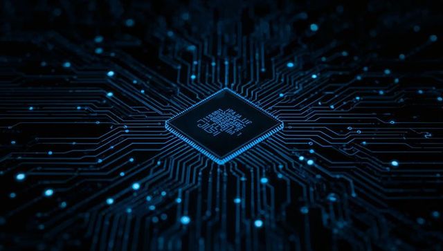 Glowing microprocessor on circuit board representing digital innovation