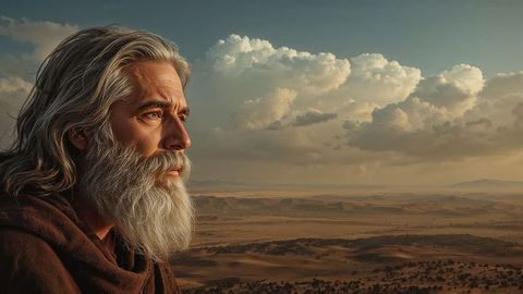 Mystical sage staring at expansive desert panorama