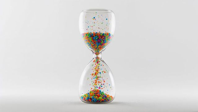 Colorful beads flowing through transparent glass hourglass