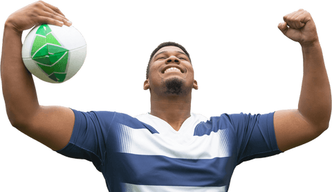 Biracial footballer celebrating victory transparent background