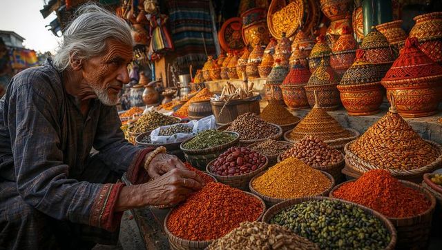 Senior spice vendor sorting colorful spice mounds and handcrafted pots in busy bazaar