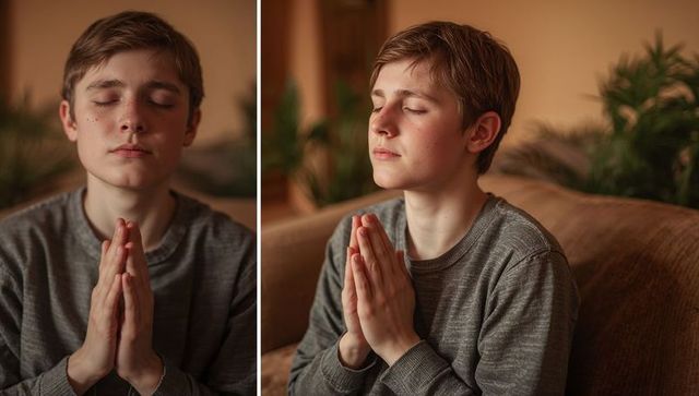 Teen Boy Meditating on Sofa in Warm Light, Practicing Mindfulness and Calm Reflection