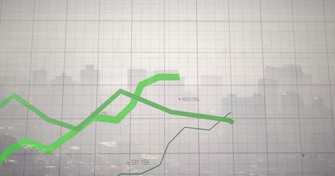 Rising green market trend lines overlaying grid and urban skyline for finance analytics