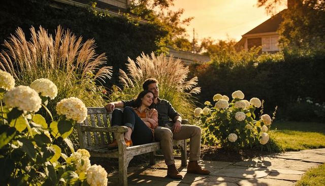 Couple relaxing on wooden bench amid sunlit hydrangeas during golden hour romantic backyard