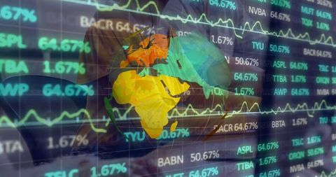 Holographic Globe and Financial Ticker on Trading Floor