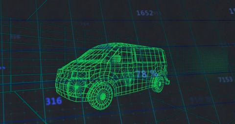 Neon Green Wireframe Van Floating in 3D Data Grid with Blue Numeric Overlay