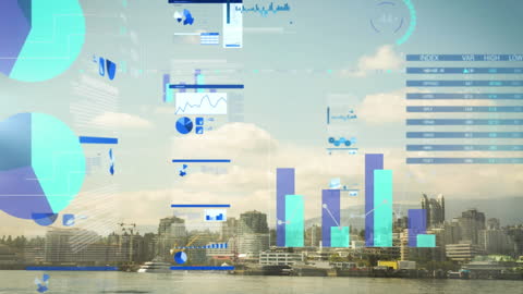 Digital Business Interface Overlaying Cityscape