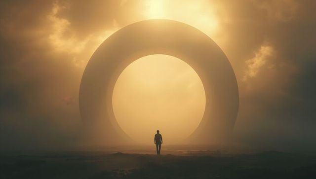 Lone figure walking toward giant glowing portal through misty desert