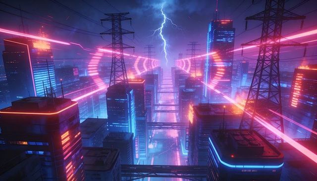 Glowing Neon Corridor Leading Toward Lightning Bolt in Cyberpunk Metropolis at Night