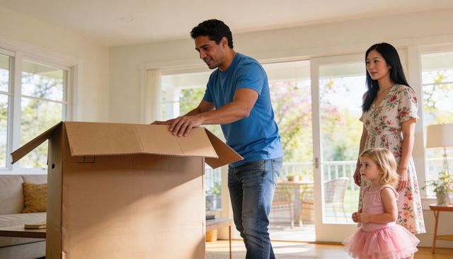 Family unpacking on moving day opening large cardboard box in bright modern living room