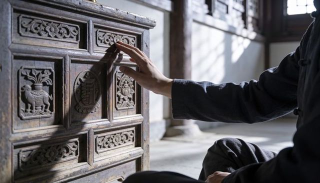 Man touching carved antique wooden cabinet in sunlit traditional interior with medallion detail