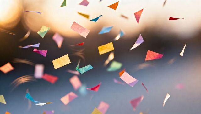 Drifting multicolor confetti in golden light floating paper fragments motion bokeh