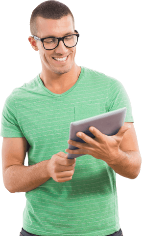 cheerful man with glasses interacting with transparent tablet - Download Free Stock Videos Pikwizard.com