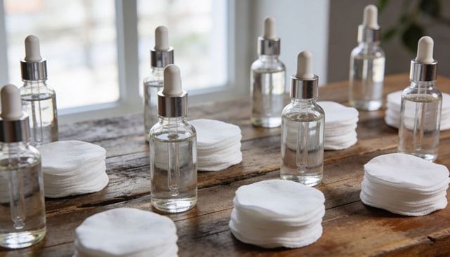 Clear dropper bottles with cotton pads on rustic wood table backlit by window