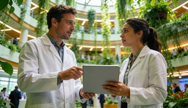 Medical researchers collaborating on tablet in green atrium biophilic hospital interior