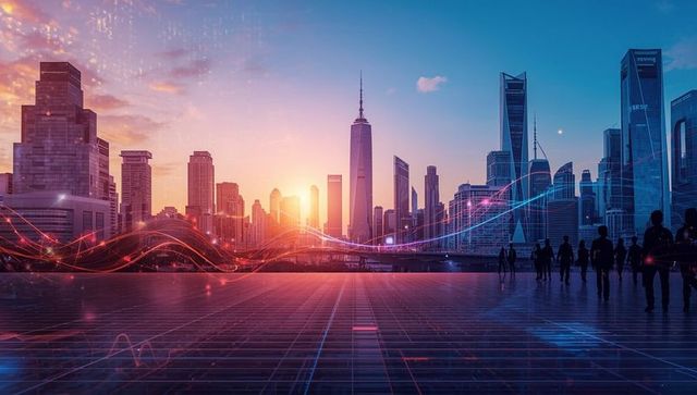 Futuristic urban skyline at sunset with neon overlays