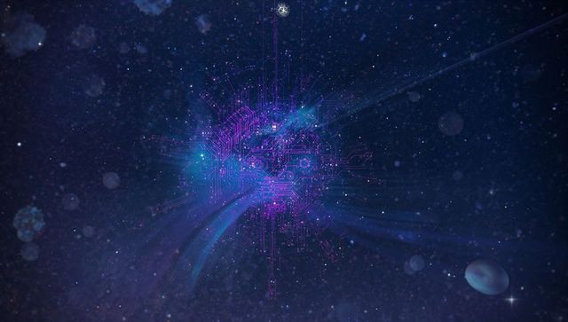 Floating Neon Glow CPU Circuit in Space: Futuristic Techscape