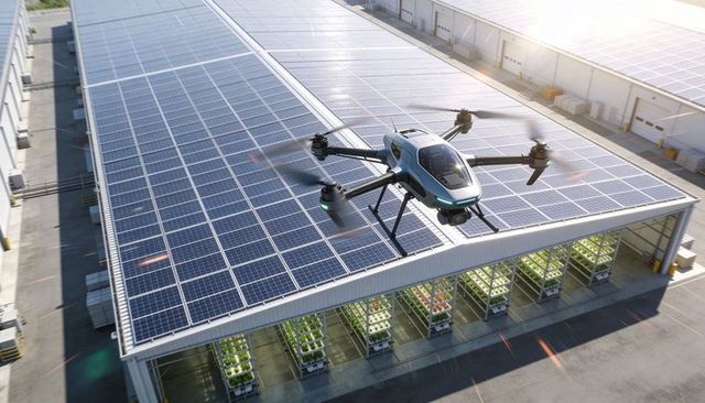 Autonomous six-rotor inspection drone hovering over rooftop solar panels above farm racks